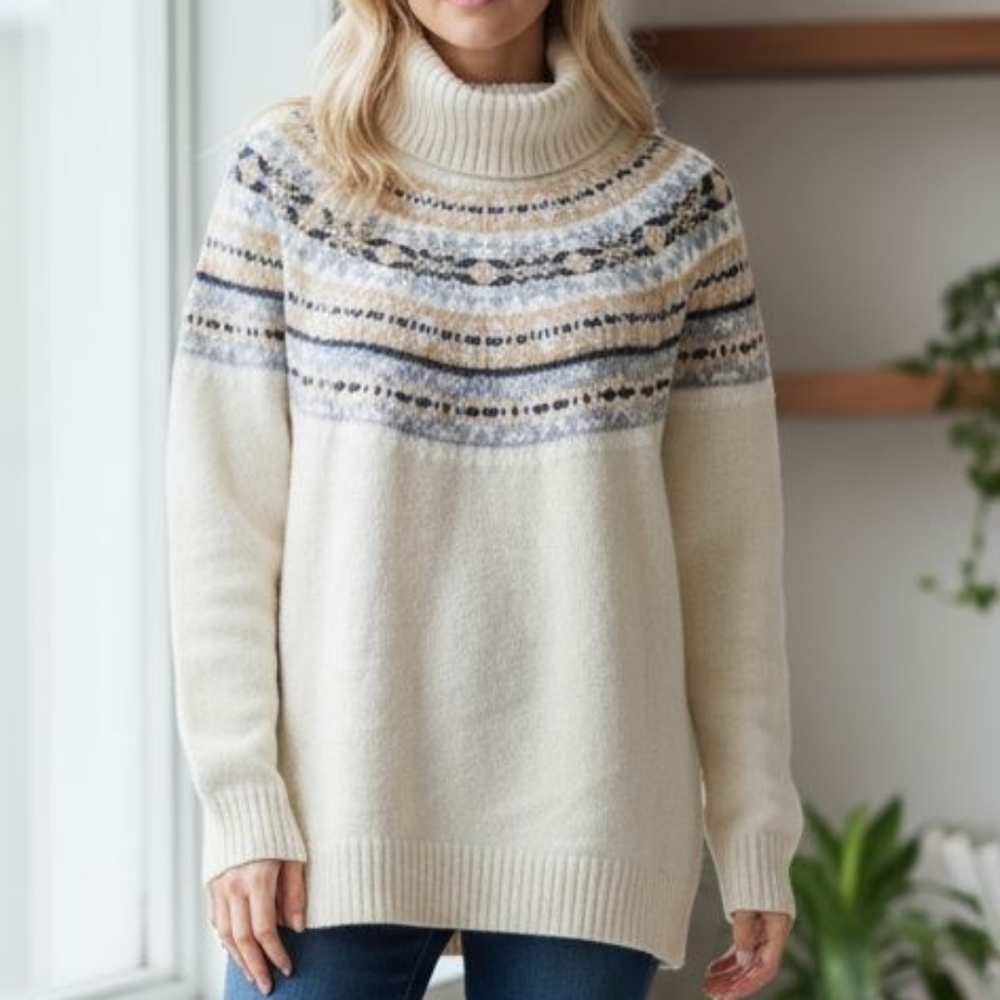 CJ BANKS | Fair Isle Cream Tan Gray Patterned Cozy Soft Turtleneck Sweater | 1X